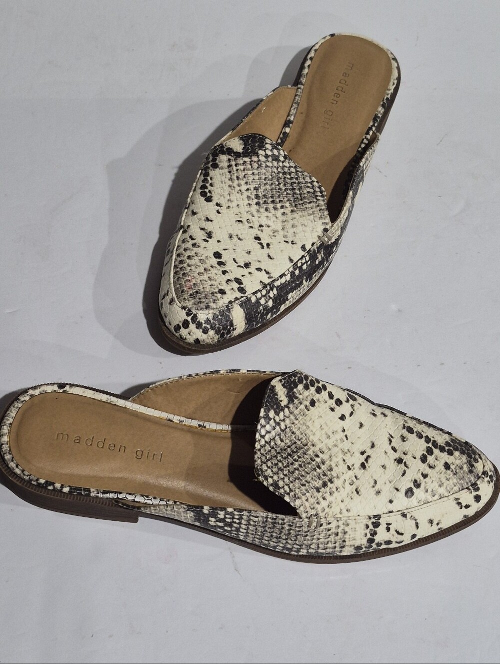 Madden Girl Women's Snake-Print Slip-On Loafers in Cream/Black Size 8 1/2